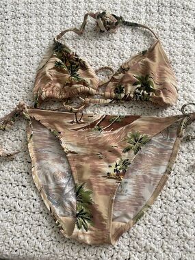 Old Navy Tan & Green Tropical Print String Bikini